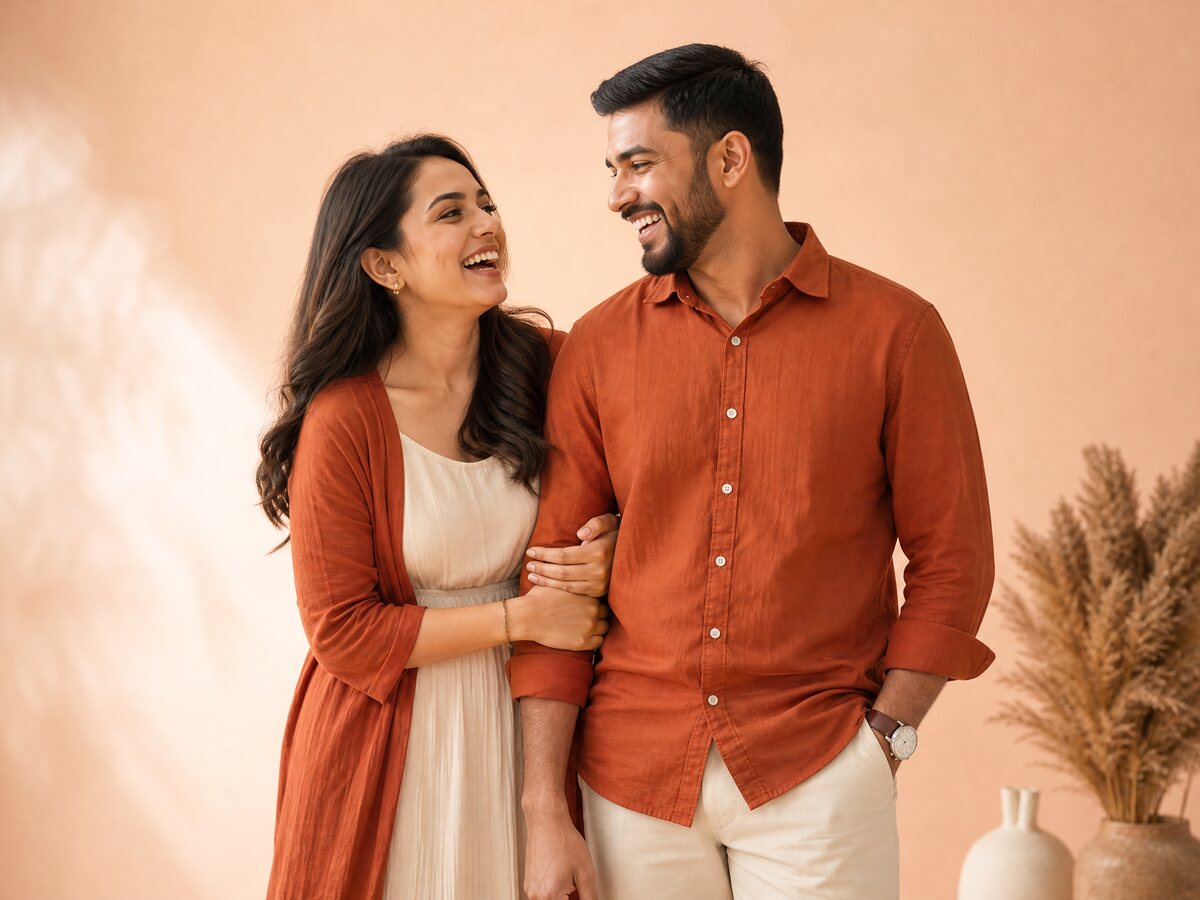 A couple in coordinated outfits laughing in a warm, simple studio scene