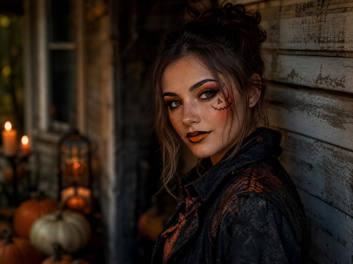 A person in subtle pumpkin-inspired Halloween make-up in warm candlelight