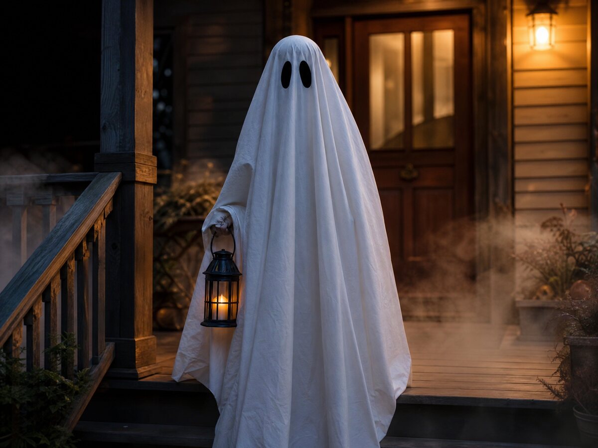 A person in a simple ghost costume standing on a porch at dusk