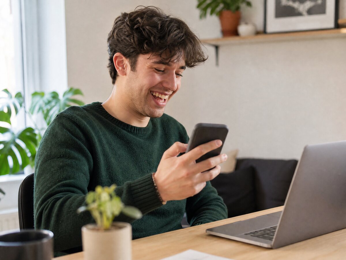 A person editing a funny photo on a phone in a bright living room