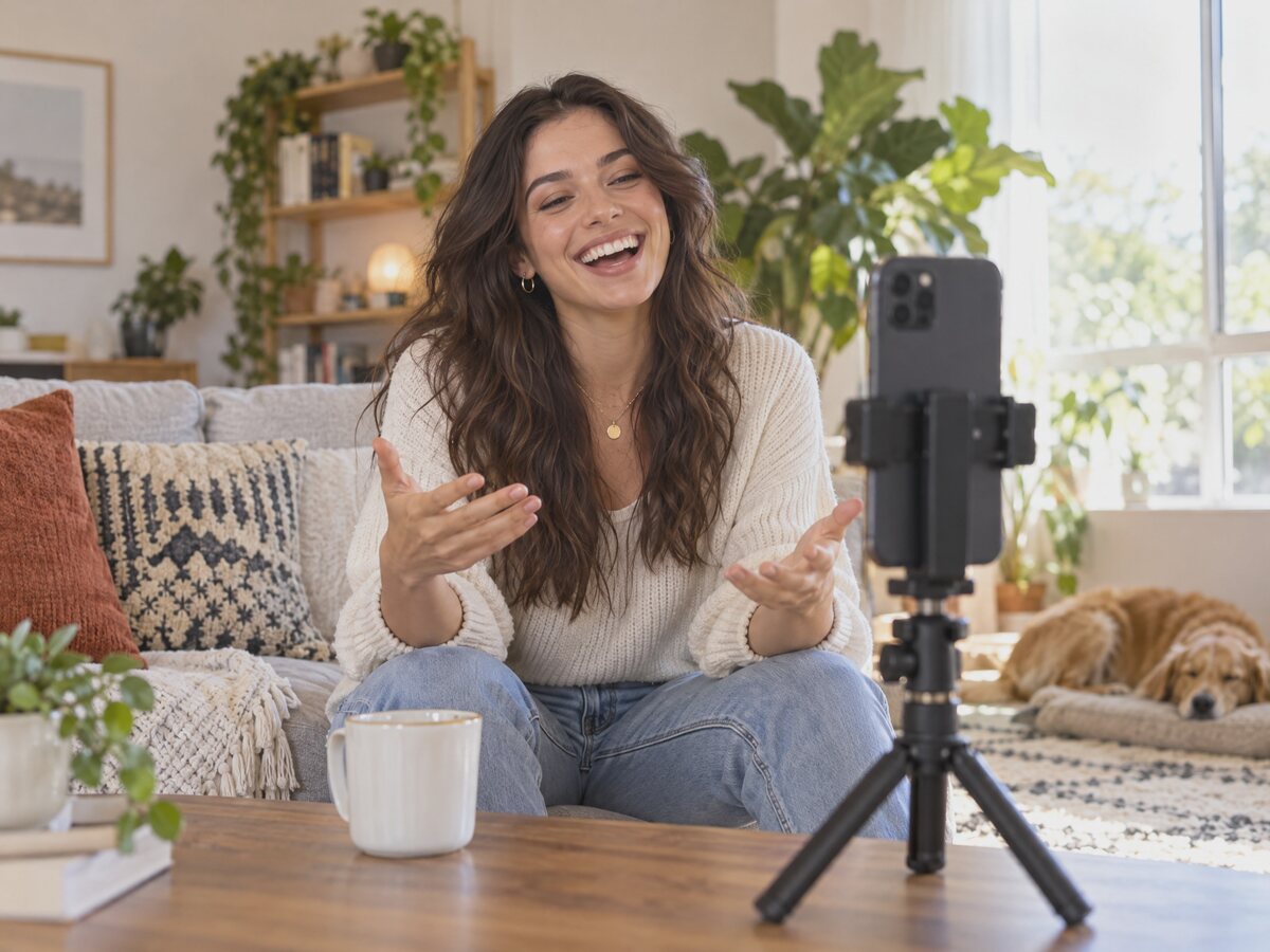 A creator filming a short vertical video on a phone in a bright room