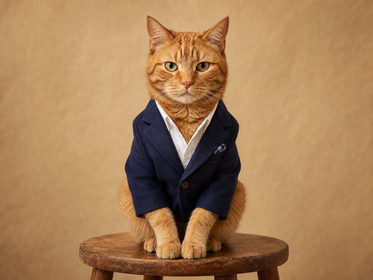 A cat in a tiny suit sitting for a playful studio portrait