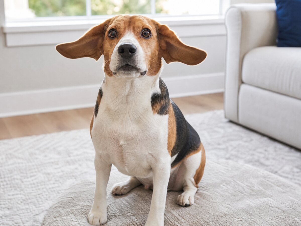 A dog looking at the camera in a bright room, ready for a short AI video