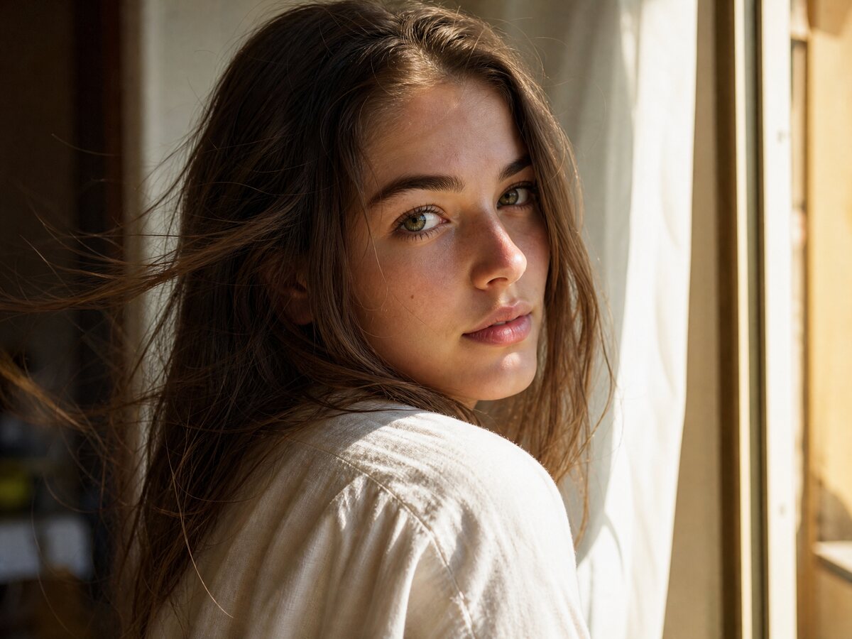 A still portrait with a subtle head turn, shown as a phone-sized video frame
